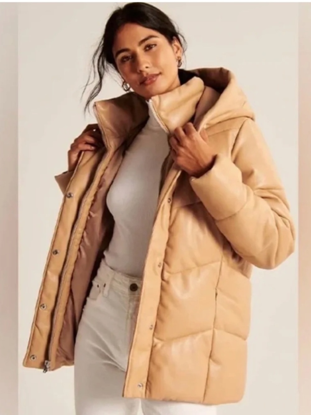 NEW! Abercrombie & Fitch Ultra Mid-Length Vegan Leather Hooded Puffer. Size XS